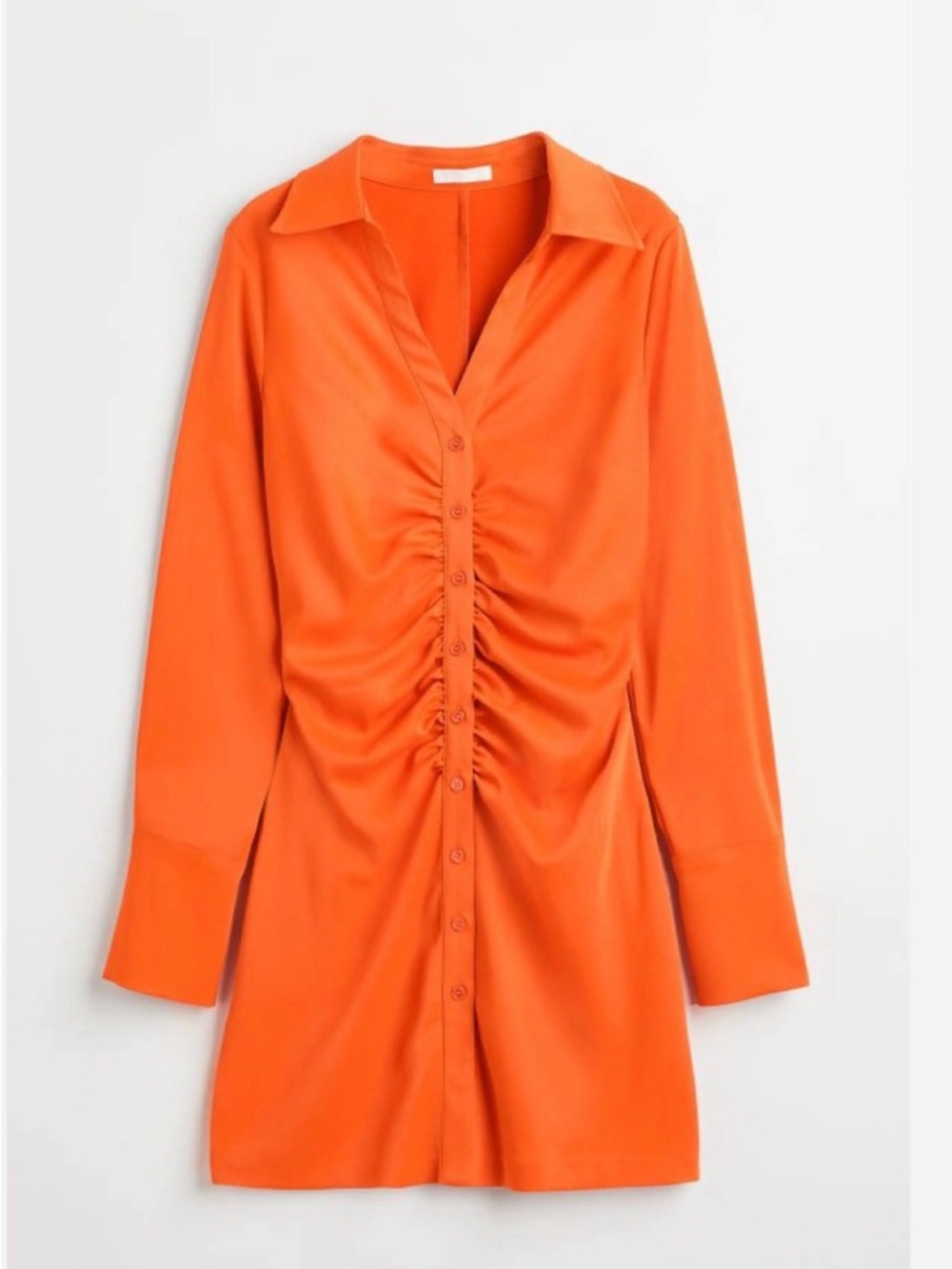 H&M Ruched Button-Front Long-Sleeve Shirt Dress - Orange